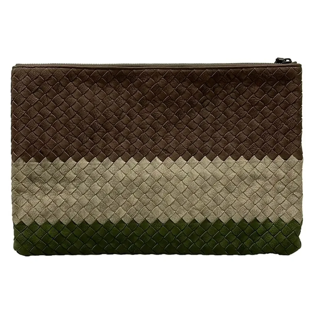 Bottega Veneta Intrecciato Clutch Bag Dark Brown Beige Dark Green